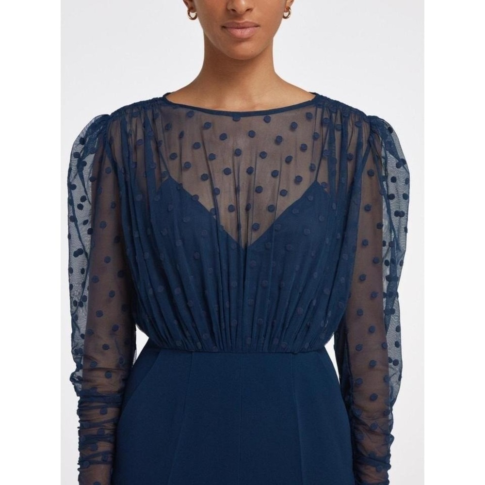 Saloni Bernadette Jumpsuit in Navy Blue Size 2 Sheer Embroidered Dot Chic Sexy - Picture 3 of 8